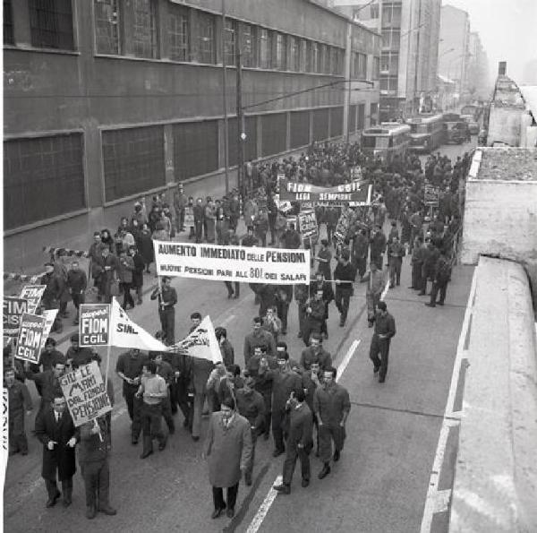 Sciopero dei lavoratori metalmeccanici per le pensioni - Corteo ripreso dall'alto - Striscioni - Cartelli di protesta - Cartelli di sciopero Fiom Cgil e Fim Cisl