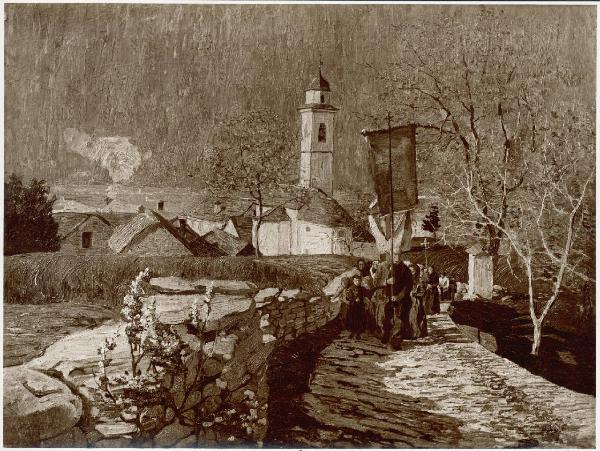 Riproduzione di opera d'arte. Dipinto di Carlo Fornara: Processione in Val Vigezzo