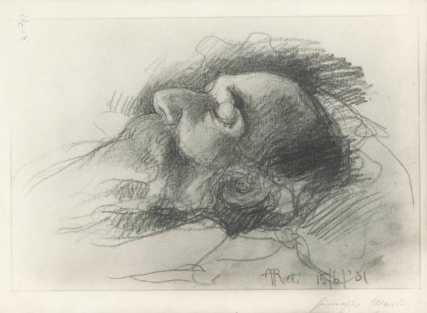 Riproduzione di opera d'arte. Disegno di Arturo Rietti: Giuseppe Mentessi sul letto di morte