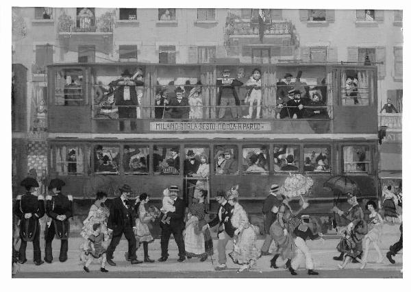 Riproduzione di opera d'arte. dipinto di Aroldo Bonzagni: Un giorno di domenica (Il tram di Monza)