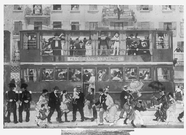 Riproduzione di opera d'arte. dipinto di Aroldo Bonzagni: Un giorno di domenica (Il tram di Monza)