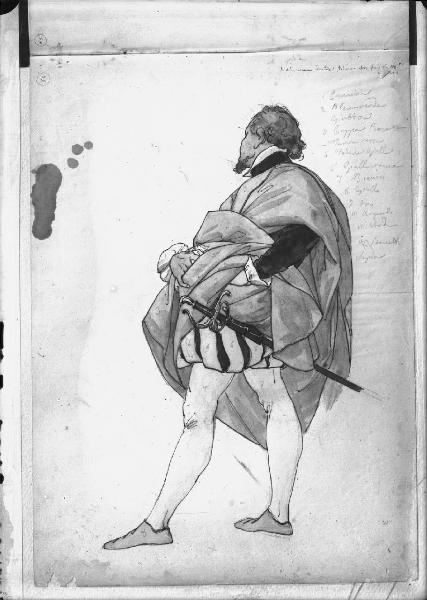 Riproduzione di opera d'arte. Disegno di Tranquillo Cremona - Studio di figura in costume rinascimentale