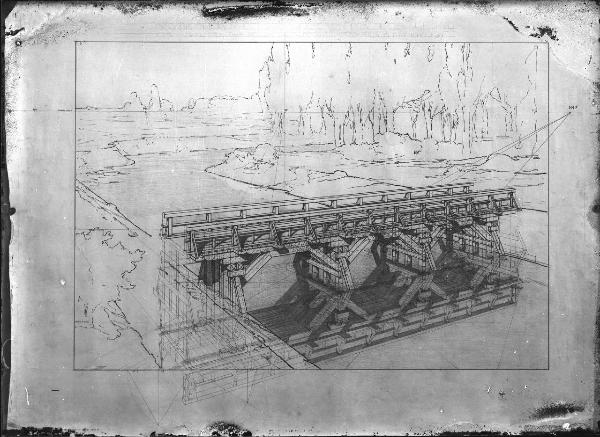 Riproduzione di disegno di progetto. Prospettiva di un ponte in legno