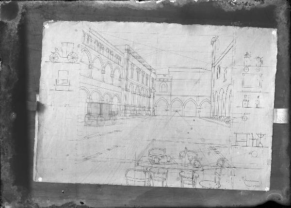 Riproduzione di opera d'arte. Disegno prospettico di Giuseppe Enrini - Piazza Mercanti a Milano