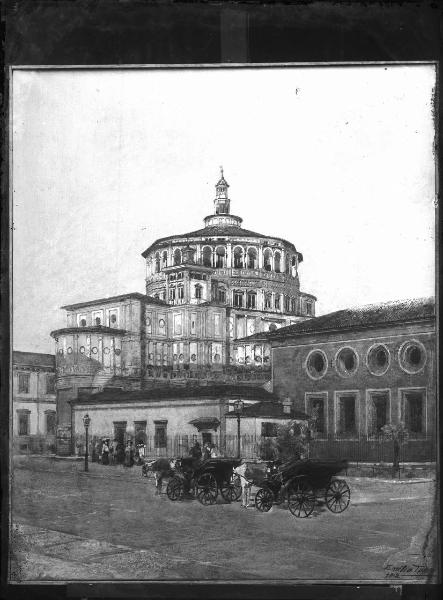 Riproduzione di opera d'arte. Dipinto di Emilio Turri - Veduta della chiesa di S. Maria delle Grazie - Milano