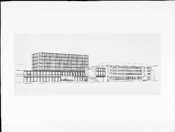 Riproduzione di disegno. Progetto dell'architetto Paolo Chiolini per edificio a Stoccarda