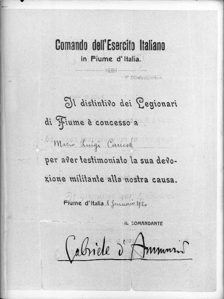 Riproduzione di documento. Esercito italiano. Impresa di Fiume. Gabriele D'Annunzio. Mario [Maria] Luigi Caneva