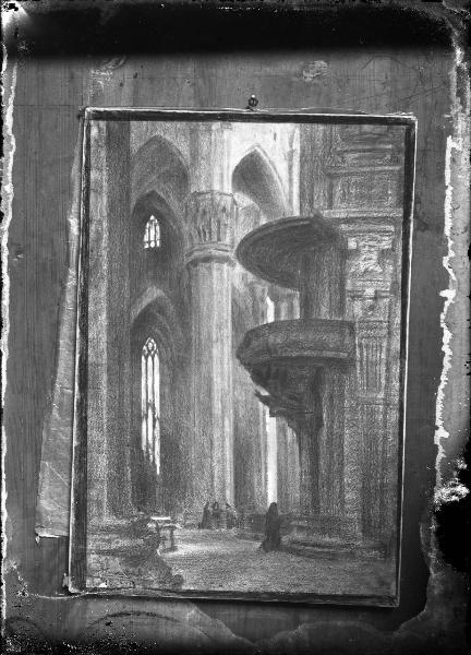 Riproduzione di opera d'arte. Disegno di Giuseppe Enrini - Duomo di Milano - interno - pulpito