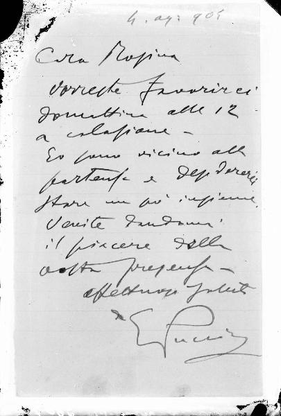 Riproduzione di documento. Manoscritto - Lettera di Giacomo Puccini a Rosina Storchio