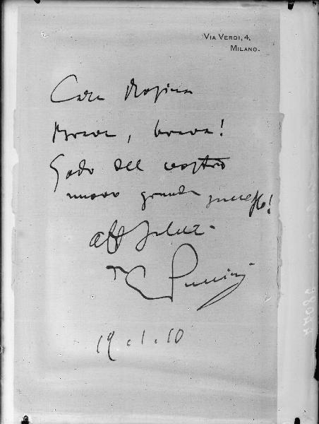 Riproduzione di documento. Manoscritto - Lettera di Giacomo Puccini a Rosina Storchio