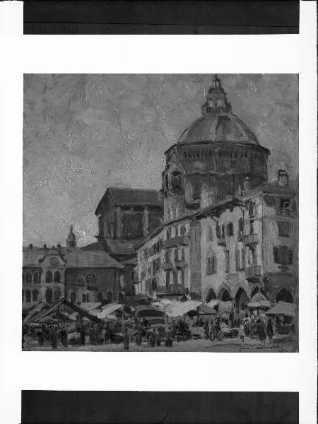 Riproduzione di opera d'arte. Dipinto di Gian Piero Castelli: veduta di Pavia - Piazza della Vittoria - Duomo - Broletto