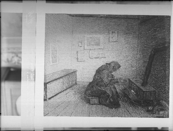 Riproduzione di opera d'arte. Dipinto di Carlo Fornara: Il tiepido rifugio (pannello centrale)