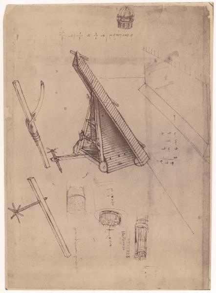 Disegno - Studio di macchine da guerra per assalto di fortezze - Leonardo da Vinci - Milano - Biblioteca Ambrosiana - Codice Atlantico - fol. 15 recto a