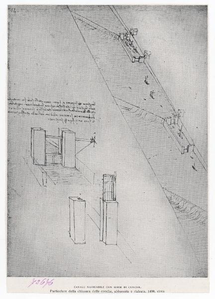 Disegno - Canale navigabile con una serie di conche - Leonardo da Vinci - Milano - Biblioteca Ambrosiana - Codice Atlantico