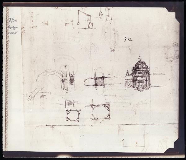 Disegno - Veduta e pianta dell'abside di una basilica - Leonardo da Vinci - Milano - Biblioteca Ambrosiana - Codice Atlantico