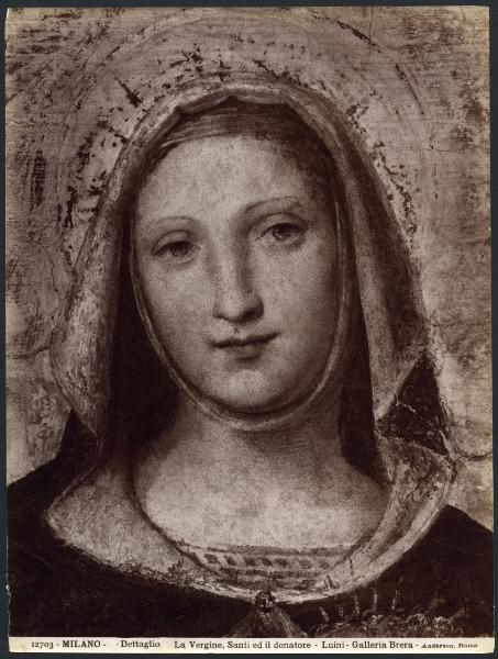 Dipinto murale - Madonna con Bambino, S. Marta, S. Giovanni Evangelista e una monaca - Particolare del volto della Madonna - Bernardino Luini - Milano - Pinacoteca di Brera (da Milano - Convento di Santa Maria della Pace)