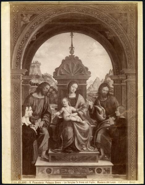 Dipinto - Pala Busti - Madonna in trono con Bambino, S. Giacomo, S. Filippo e offerenti - Bernardino Luini - Milano - Pinacoteca di Brera (da Milano - Chiesa di Santa Maria di Brera)