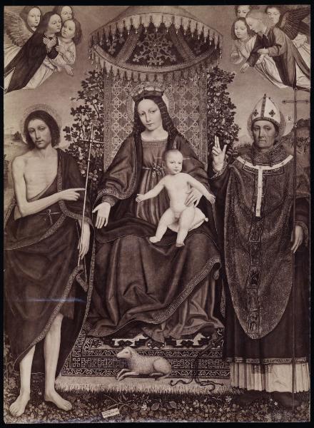 Dipinto - Madonna in trono col Bambino, San Giovanni battista e Sant'Ambrogio e angeli - Ambrogio Bergognone - già Berlino - Kaiser Friedrich Museum