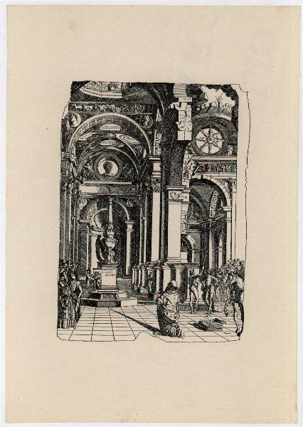 Incisione - Interno di tempio con figure - Incisione Prevedari (riproduzione della) - Bernardo Prevedari su disegno di Donato Bramante