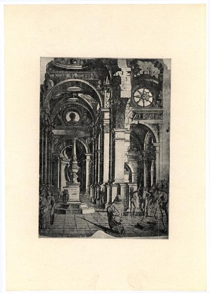 Incisione - Interno di tempio con figure - Incisione Prevedari (riproduzione della) - Bernardo Prevedari su disegno di Donato Bramante