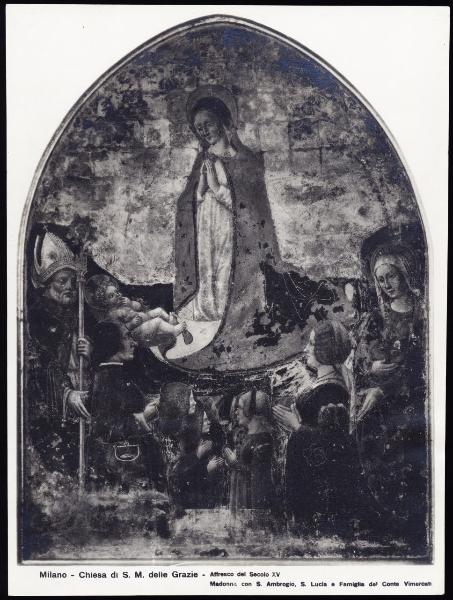 Pittura murale - Affresco - Madonna con Bambino, Sant'Ambrogio, Santa Lucia e committenti della famiglia Vimercati - Anonimo lombardo sec. XV - Milano - Santa Maria delle Grazie