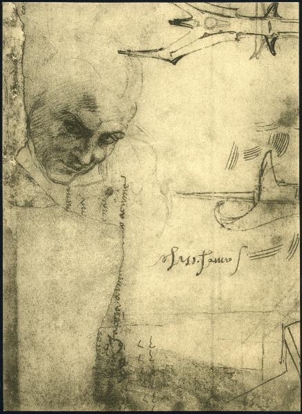 Disegno - Studio per una testa d'uomo, due alabarde, fortificazioni e passi di un sonetto - Michelangelo - Uffizi - Gabinetto dei disegni e delle stampe - Inv. 14412 Fr