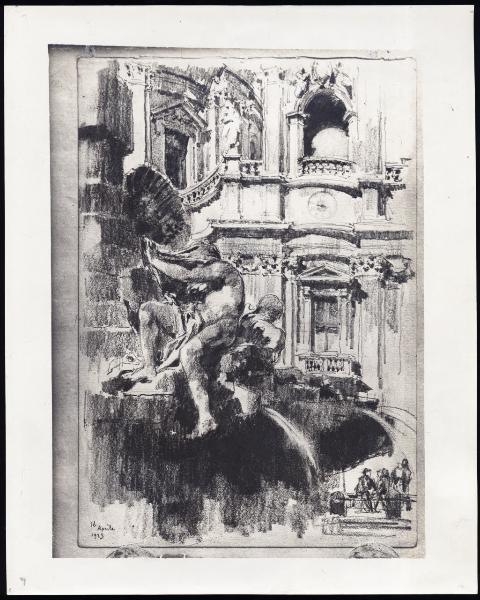 Disegno - Roma - Fontana dei Quattro fiumi (Nilo) e Chiesa di Sant'Agnese in agone - Giuseppe Mentessi