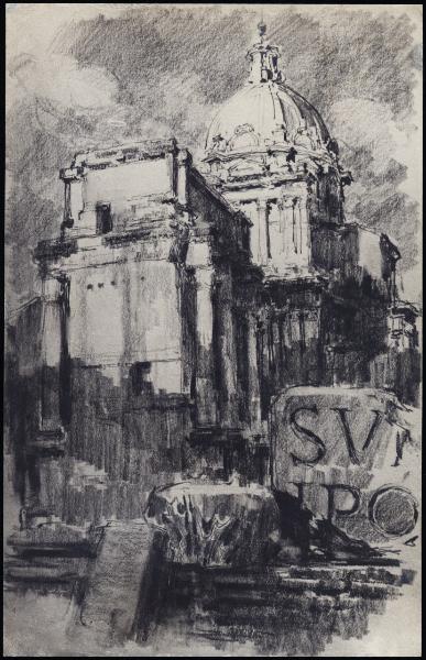 Disegno - Roma - Arco di Settimio Severo e Chiesa di Santa Martina - Giuseppe Mentessi