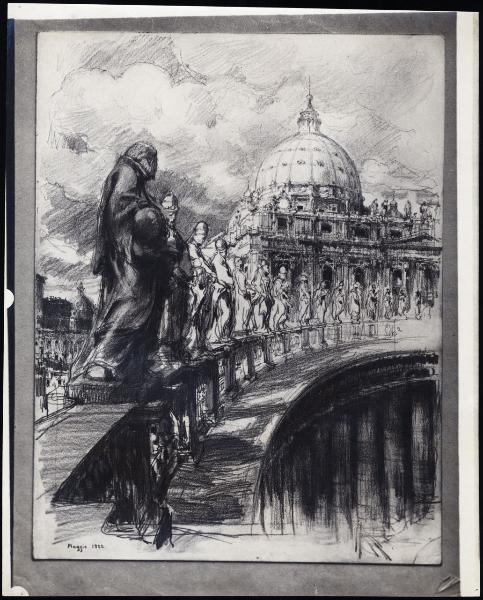 Disegno - Roma - San Pietro in Vaticano - Particolare delle statute del portico - Giuseppe Mentessi