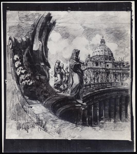 Disegno - Roma - San Pietro in Vaticano - Particolare delle statute del portico - Giuseppe Mentessi