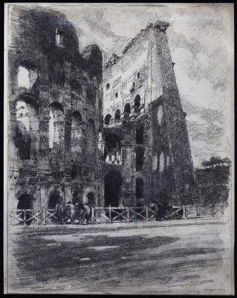 Disegno - Roma - Colosseo e passanti - Giuseppe Mentessi