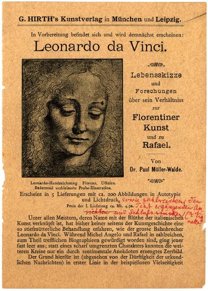 Pagina a stampa - Pubblicità del volume "Leonardo da Vinci Lebensskizze und Forschungen" di Paul Muller-Walde, Monaco 1889 - Testa di giovane - Boltraffio