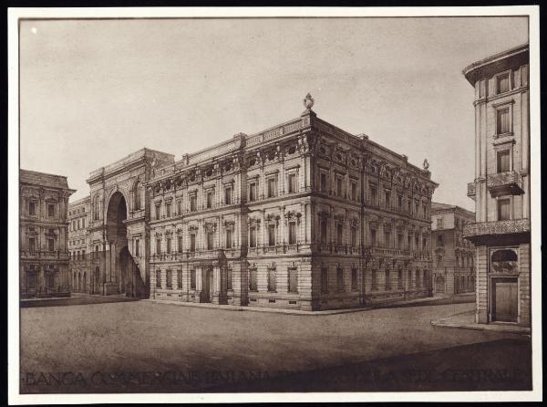 Disegno - Progetto per il Palazzo della Direzione Centrale della Banca Commerciale Italiana a Milano in piazza della Scala angolo via S. Margherita - Luca Beltrami