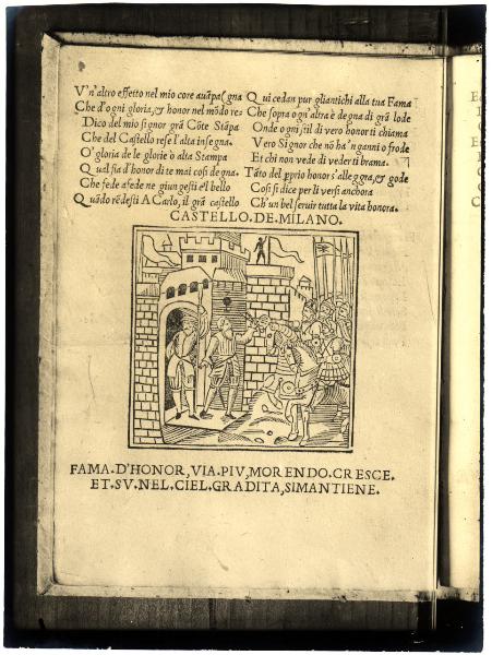 Incisione - Xilografia - Il castellano Massimiliano Stampa consegna le chiavi del Castello Sforzesco all'imperatore Carlo V nel 1536