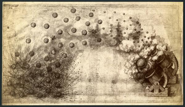 Disegno - Due bombarde che lanciano proiettili esplosivi - Leonardo da Vinci - Milano - Biblioteca Ambrosiana - Codice Atlantico - f. 33 recto