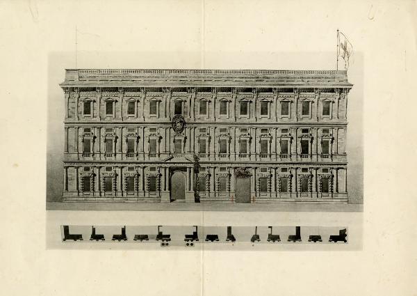 Disegno - Palazzo Marino a Milano - Prospetto della facciata su piazza della Scala - Luca Beltrami