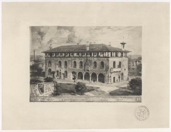 Disegno - Progetto di restauro della Bicocca degli Arcimboldi - Prospetto nord - G. Lombardi - Ambrogio Annoni