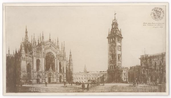 Disegno - Acquerello - Progetto per la Piazza del Duomo di Milano, veduta ideale - Luca Beltrami