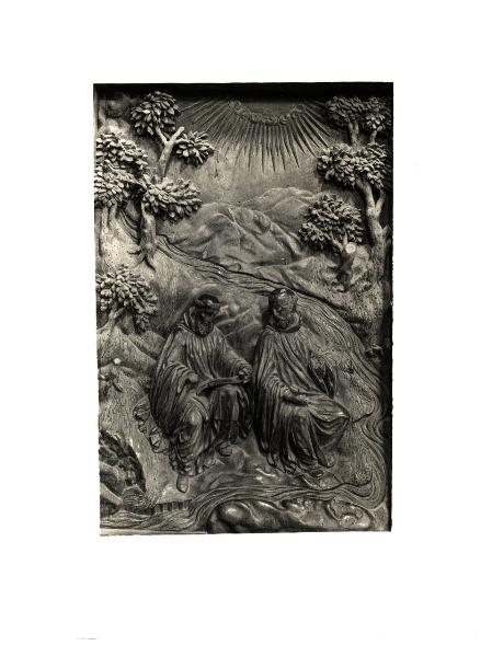 Milano - Abbazia di Chiaravalle - Coro, stalli, specchio 24, S. Bernardo con un frate nel bosco invoca che cessi la pioggia e torni il sole