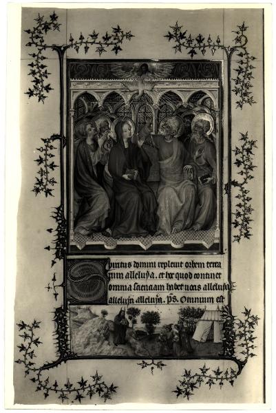 Torino - Museo Civico - Libro delle ore del Duca di Berry, J. Van Eyck, Pentecoste, tav. VII - fol. 84 V°, pagina miniata, pergamena