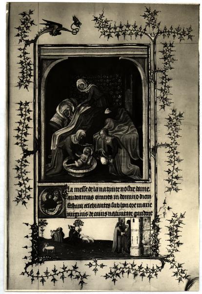 Torino - Museo Civico - Libro delle ore del Duca di Berry, J. Van Eyck, nascita della Madonna, tav. XVI - fol. 103 I°, pagina miniata, pergamena