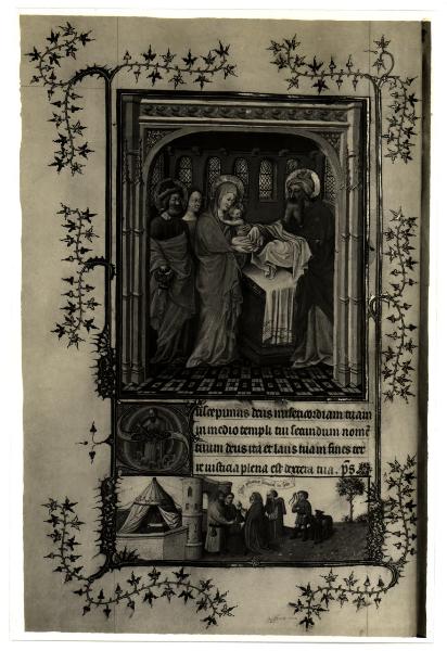 Torino - Museo Civico - Libro delle ore del Duca di Berry, J. Van Eyck, la circoncisione, tav. XIV - fol. 16 V°, pagina miniata, pergamena