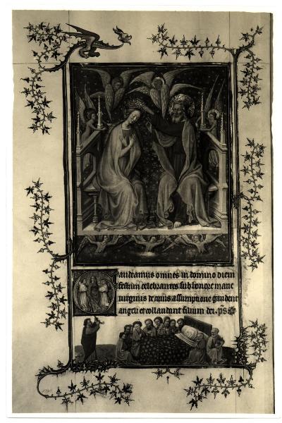 Torino - Museo Civico - Libro delle ore del Duca di Berry, J. Van Eyck, incoronazione della Vergine, tav. XII - fol. 100 V°, pagina miniata, pergamena