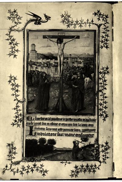 Torino - Museo Civico - Libro delle ore del Duca di Berry, J. Van Eyck, la crocifissione, tav. XXIV - fol. 48 V°, pagina miniata, pergamena