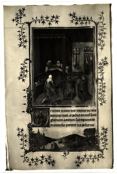 Torino - Museo Civico - Libro delle ore del Duca di Berry, J. Van Eyck, la nascita della Vergine, tav. XX - fol. 93 V°, pagina miniata, pergamena