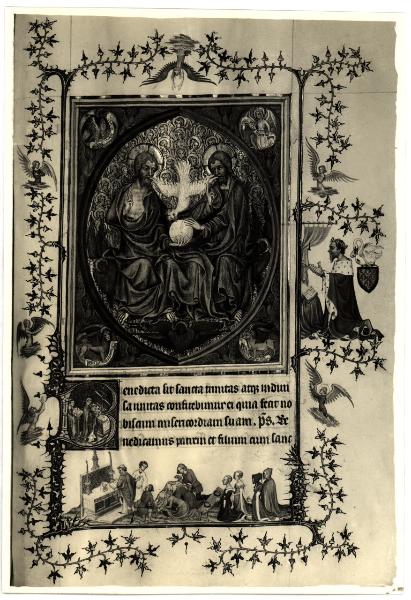 Torino - Museo Civico - Libro delle ore del Duca di Berry, J. Van Eyck, la divina Trinità, tav. V. fol. 87 I°, pagina miniata, pergamena