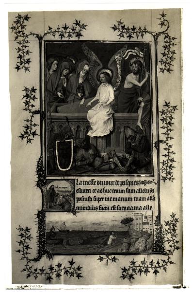 Torino - Museo Civico - Libro delle ore del Duca di Berry, J. Van Eyck, le Marie al Sepolcro, tav. XVIII - fol. 77 V°, pagina miniata, pergamena