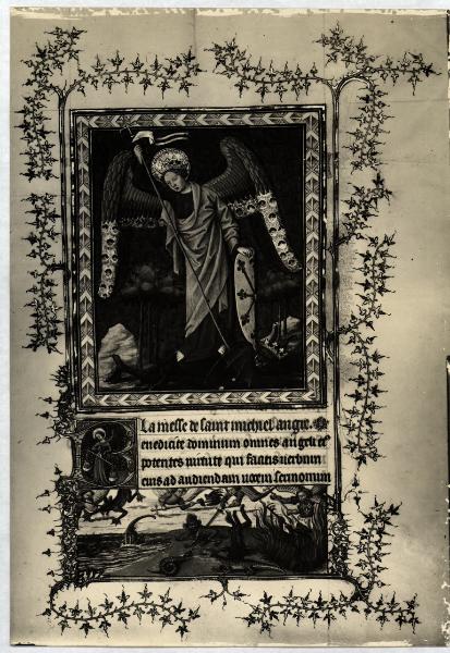 Torino - Museo Civico - Libro delle ore del Duca di Berry, J. Van Eyck, S. Giorgio e il drago, tav. XVII - fol. 106 I°, pagina miniata, pergamena