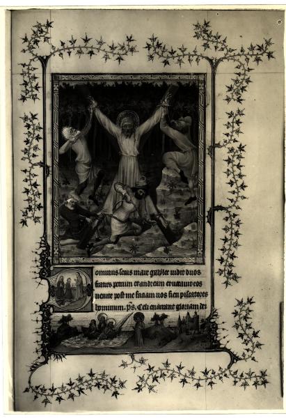 Torino - Museo Civico - Libro delle ore del Duca di Berry, J. Van Eyck, Crocifissione, tav. VIII- fol. 122 I°, pagina miniata, pergamena