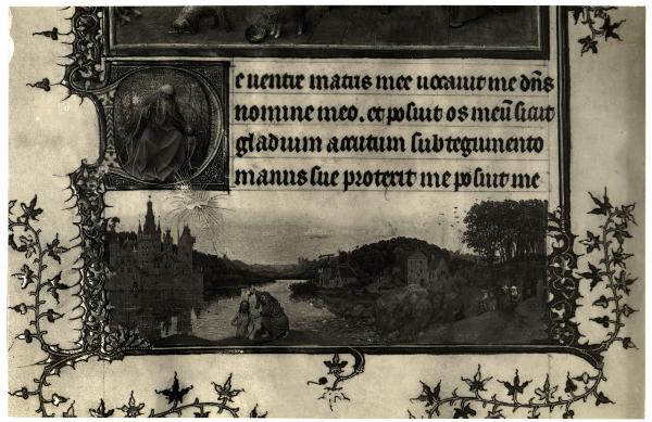 Torino - Museo Civico - Libro delle ore del Duca di Berry, J. Van Eyck, battesimo di Cristo, tav. XX - fol. 93 V°, particolare della pagina miniata, pergamena